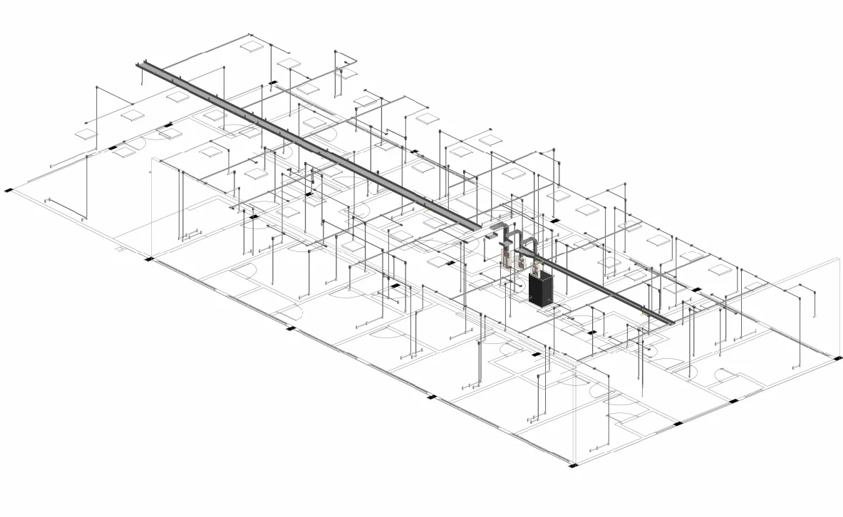 Modelo tridimensional da instalação elétrica de um pavimento, com eletrocalha principal, descidas e quadro de distribuição