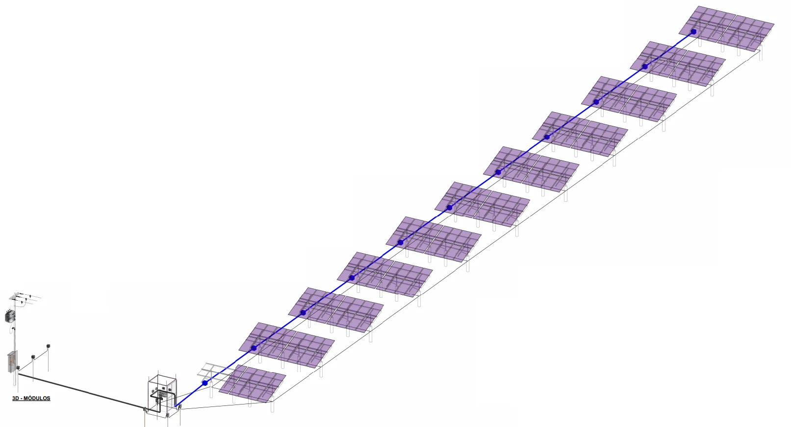 Modelo tridimensional de usina fotovoltaica de solo, com fileiras de módulos e o conjunto de inversores na ponta