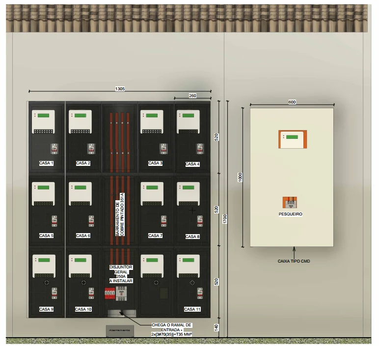 Desenho do centro de medição agrupada, com onze medidores identificados por casa, barramento e caixa de comando ao lado