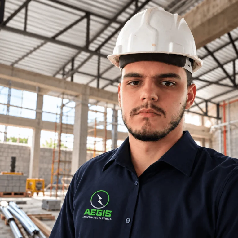Pedro H. S. Haag, engenheiro eletricista responsável pela AEGIS, de capacete e uniforme em uma obra